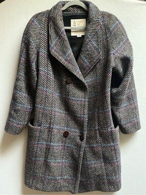 Vintage London Fog Wool Tweed Plaid Double Breasted Coat Sz 8M